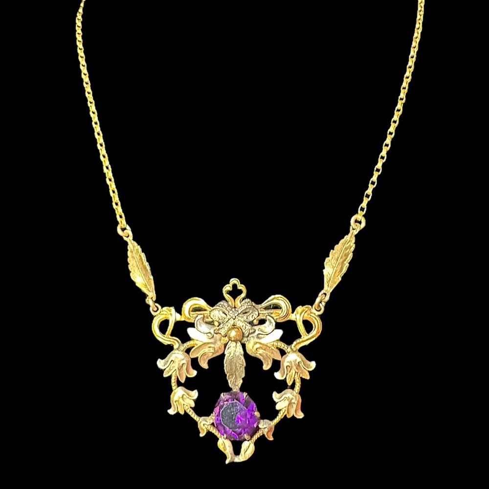 Edwardian Victorian Antique Gold Filled Amethyst Glass Mourning Jewelry Necklace